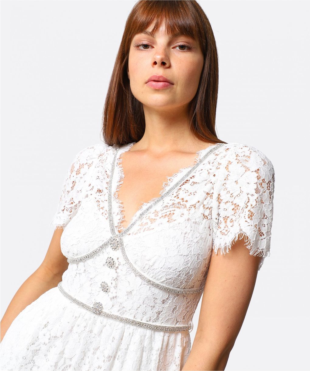 ワンピース self-portraitCREAM TULLE LACE MIDI DRESS Cream Lace Peplum Midi Dress – self-portrait-US