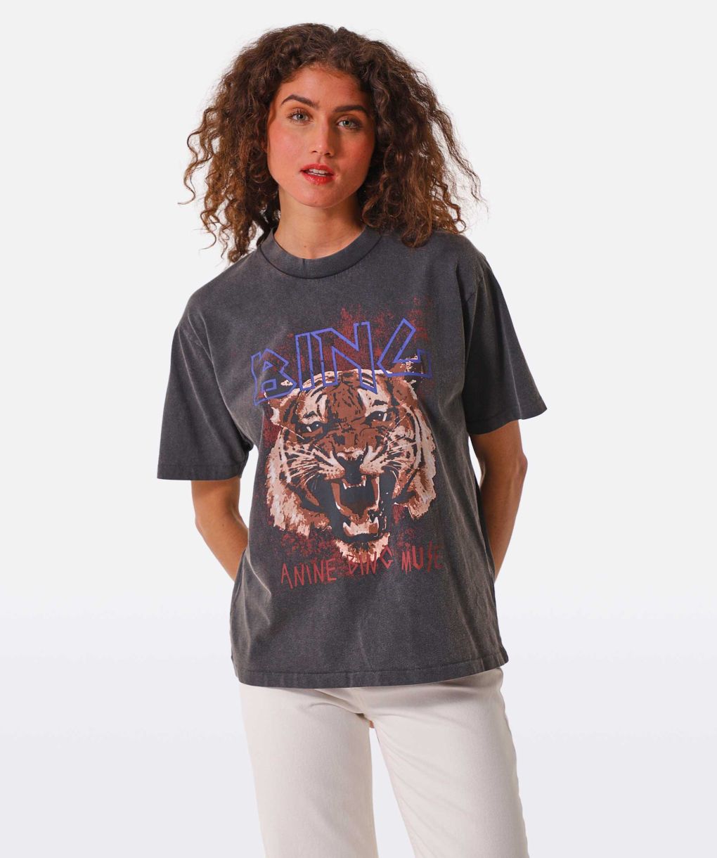 Tシャツ・カットソー ANINE BING Woman T-Shirt Black A0810316 BLK26 ANINE BING Women's Walker Tee Spotted Leopard, Washed Black