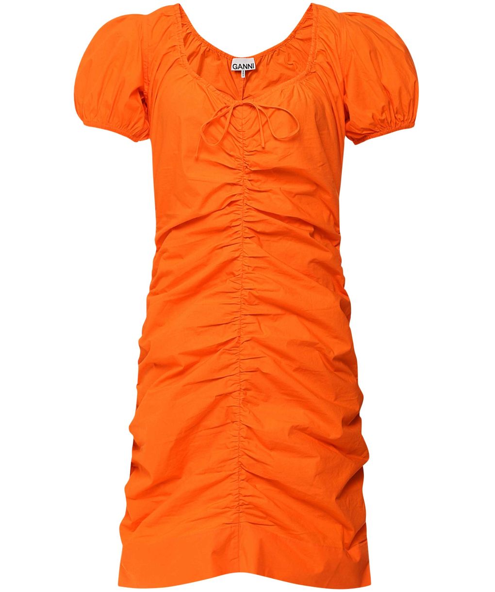 ganni orange ruched dress GANNI NEON ORANGE RUCHED LONG DRESS - SIZE 6