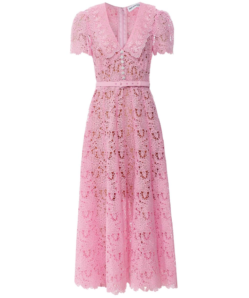 self portrait guipure lace midi dress Belted cotton-blend guipure lace midi dress - pink