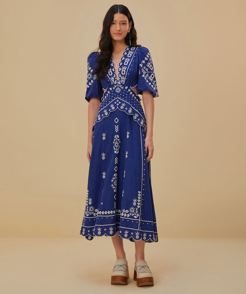 farm rio floral embroidered long sleeve cutout linen midi dress Farm Rio Embroidered Cut-Out Midi Dress