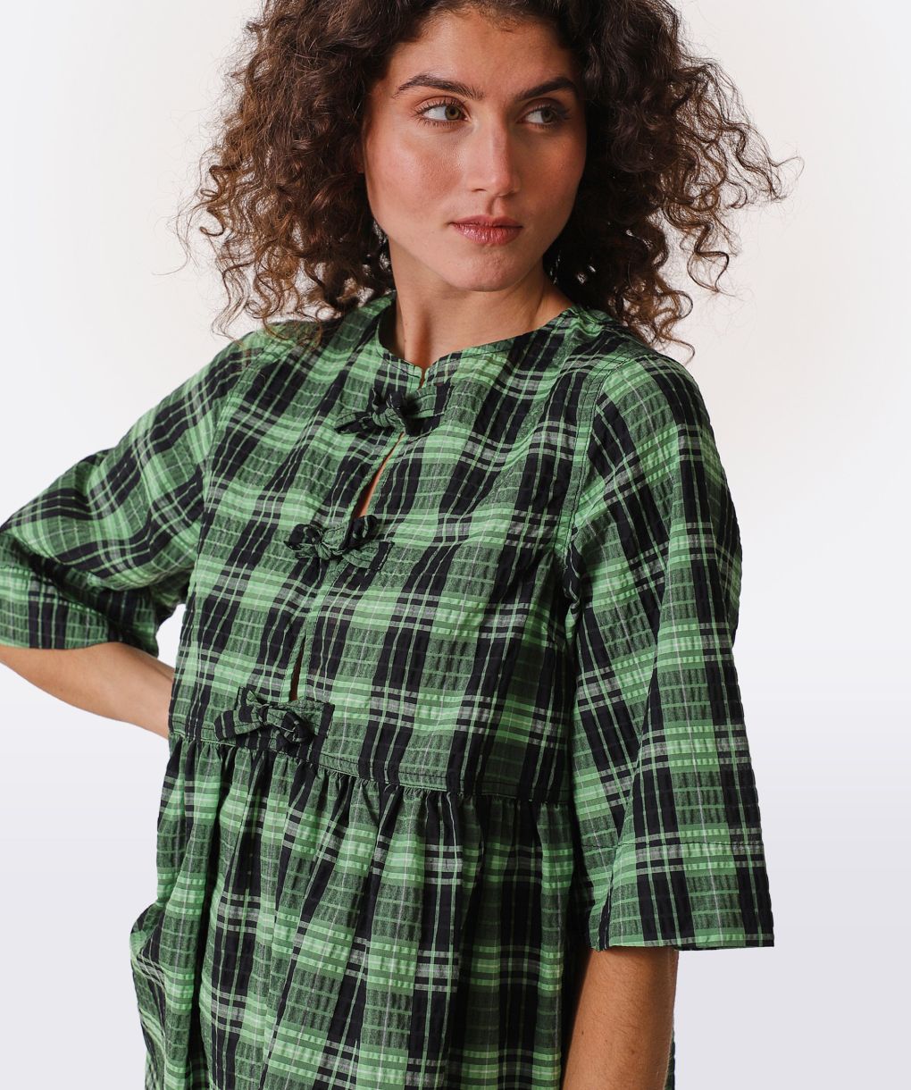 slim fit dress slacks Seersucker Check Gathered U-Neck Midi Dress in Lagoon