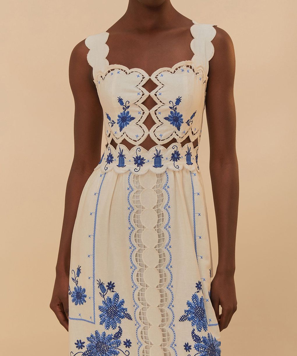 farm rio flower richelieu linen midi dress Farm Rio Flower Richelieu Linen Midi Dress In White - 30% Off