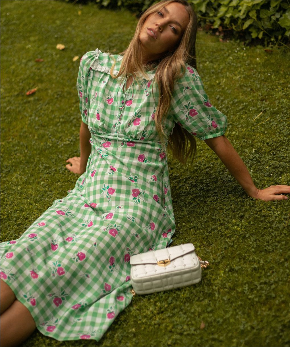 green emerald velvet dress Imagine That Green Pink Plaid Midi Dress L Flying Tomato Green Pink / M