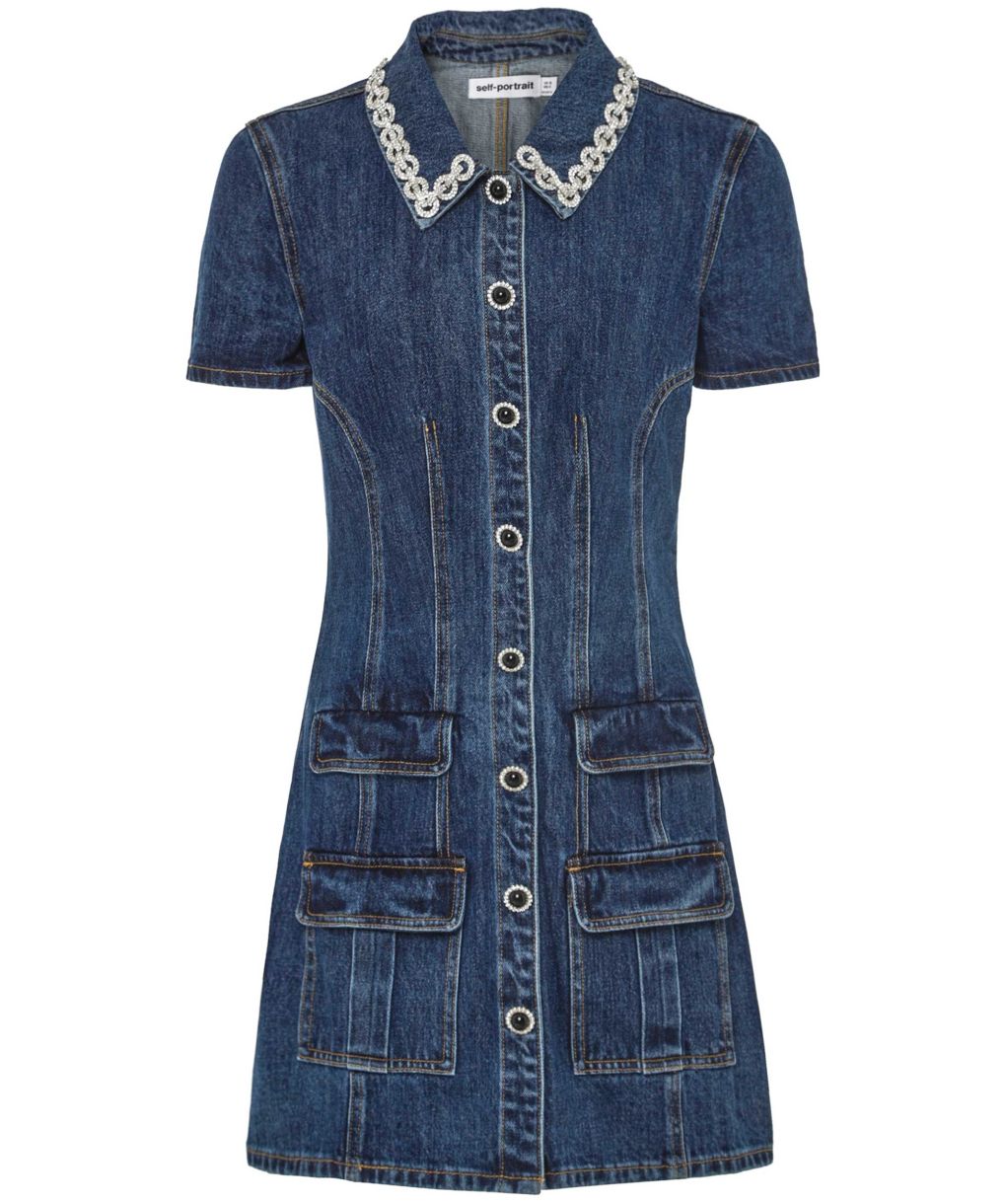 self portrait tailored denim mini dress Self-Portrait - Indigo Denim Crystal Trim Mini Dress