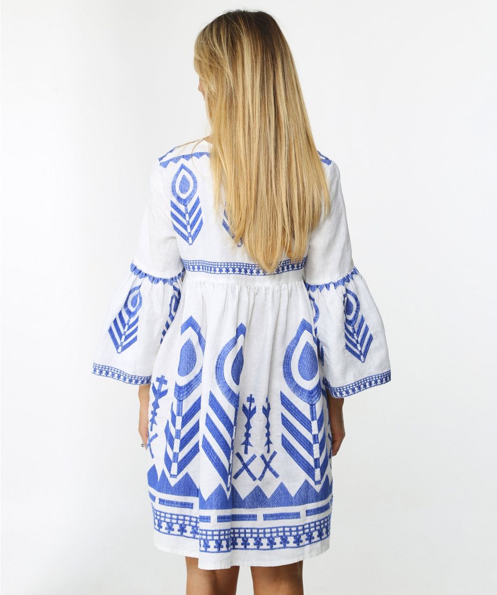 Kori White Linen Embroidered V-Neck Dress | Jules B