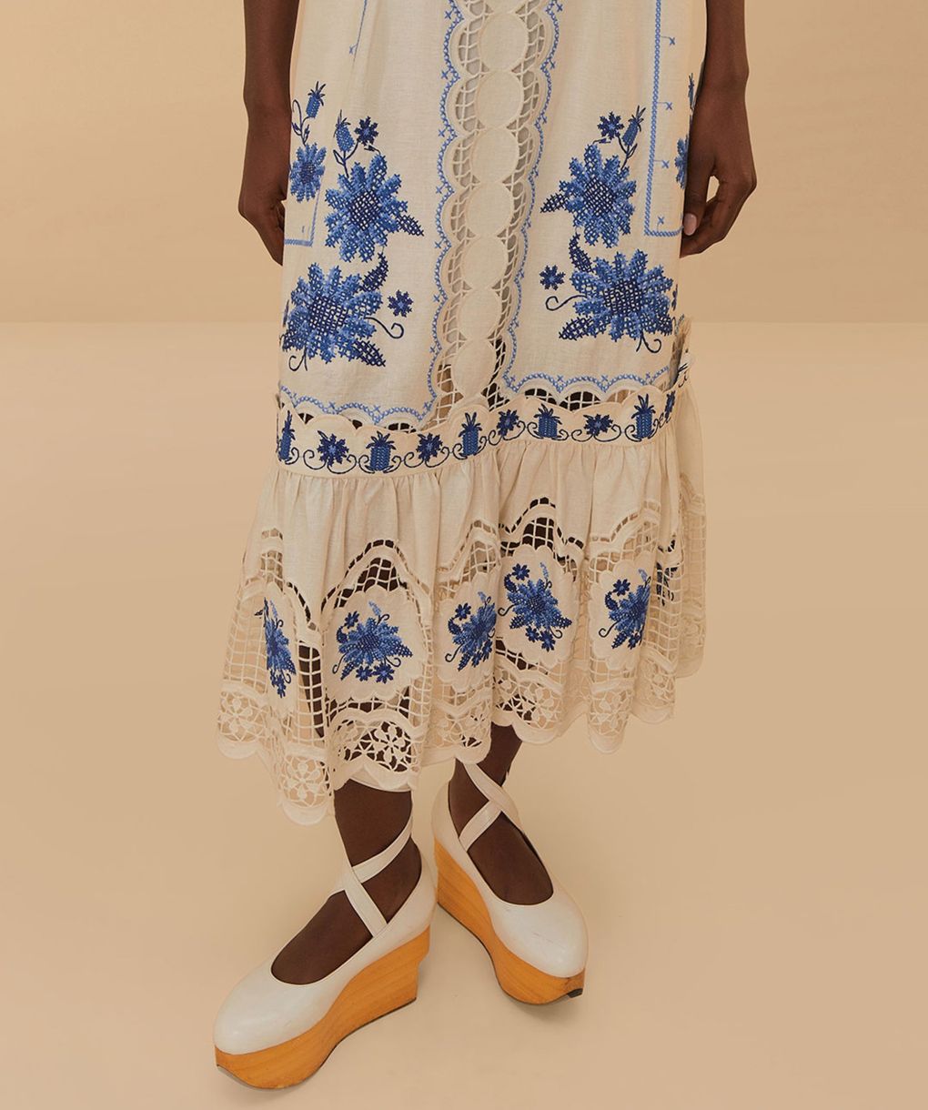 Farm Rio Cross Stitch Richelieu Sunflower Midi Dress Farm Rio Cross Stitch Richelieu Sunflower Midi Dress