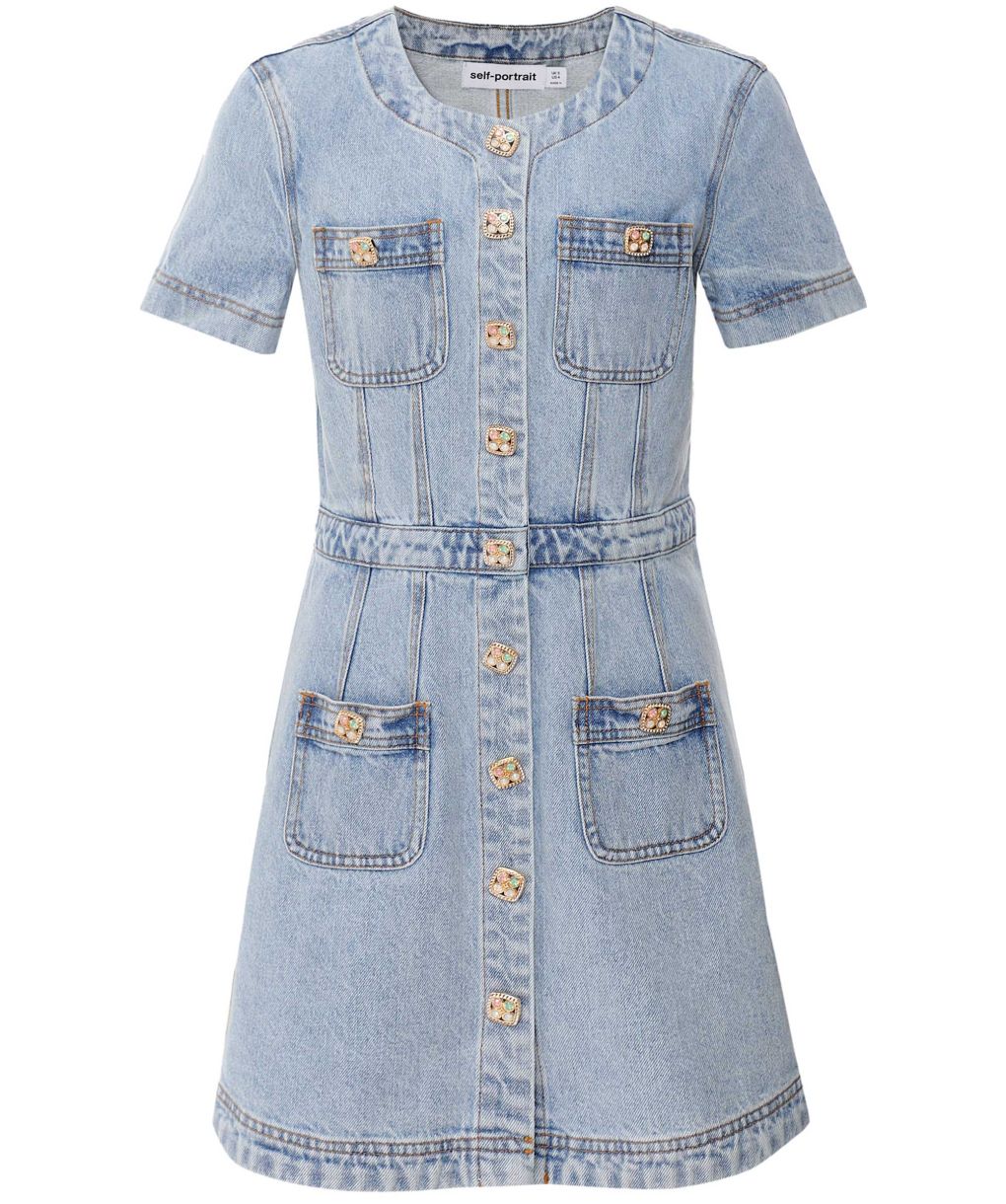 self portrait denim dress Skater Mini self-portrait-US fit dress presents a solid color self-portrait - Black Denim Bandeau