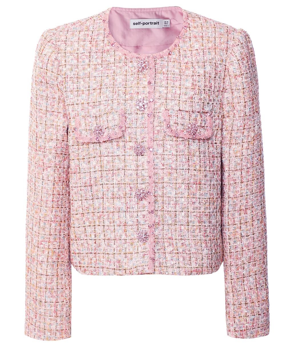 ジャケット Self Portrait Pearl Trim Boucle Cropped Jacket Pink Boucle Pearl Trim Jacket – self-portrait-US