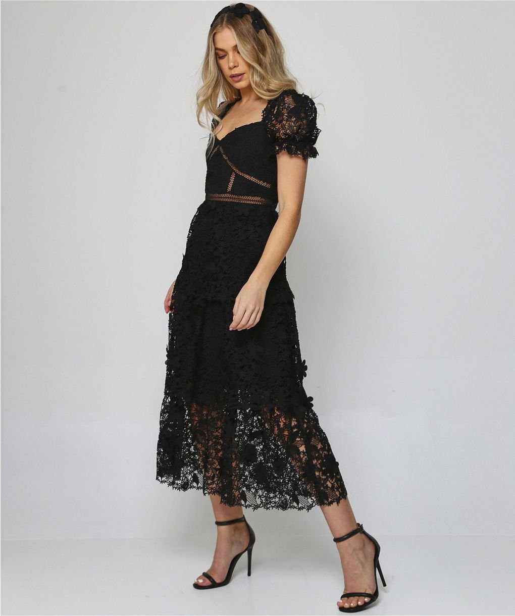SALE*Self-Portrait >> ブラックファインレーストリムドレス Self-Portrait Black 3D Flower Lace Tiered Midi Dress | Jules B