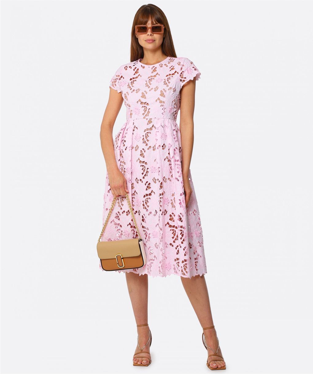 pink guipure lace dress Belted cotton-blend guipure lace midi dress - pink