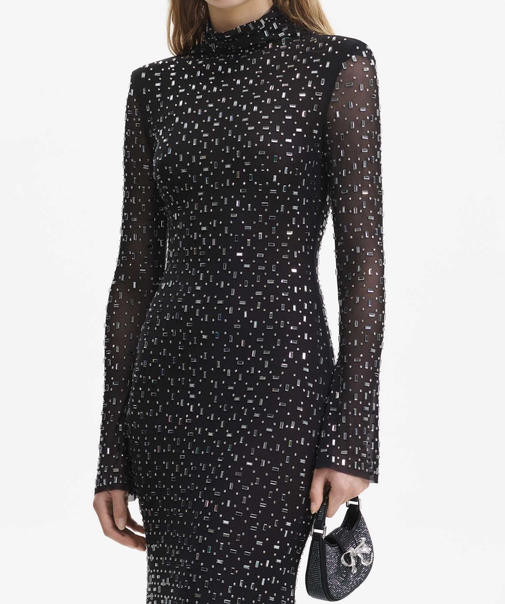 chinese dress ladies RENT Self Portrait Black Rhinestone Mesh Midi Dress (RRP £420)