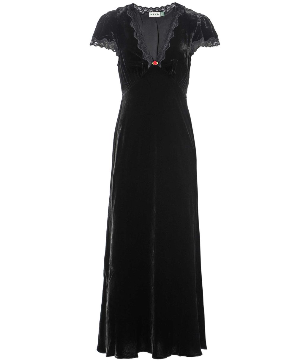Rixo Black Clarice Velvet Midi Dress