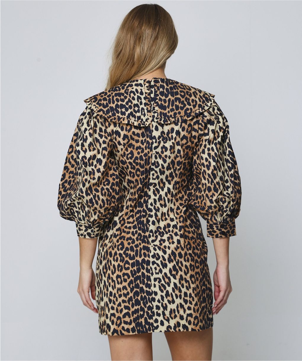 ganni tiger-print cotton-poplin mini dress Ganni Printed Cotton Poplin U-Neck Mini Dress - Leopard