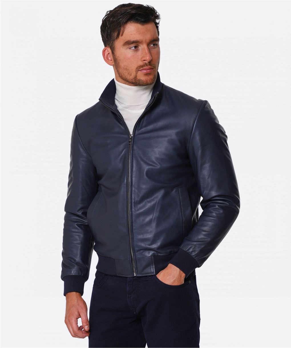 Pal Zileri Navy Leather Bomber Jacket | Jules B