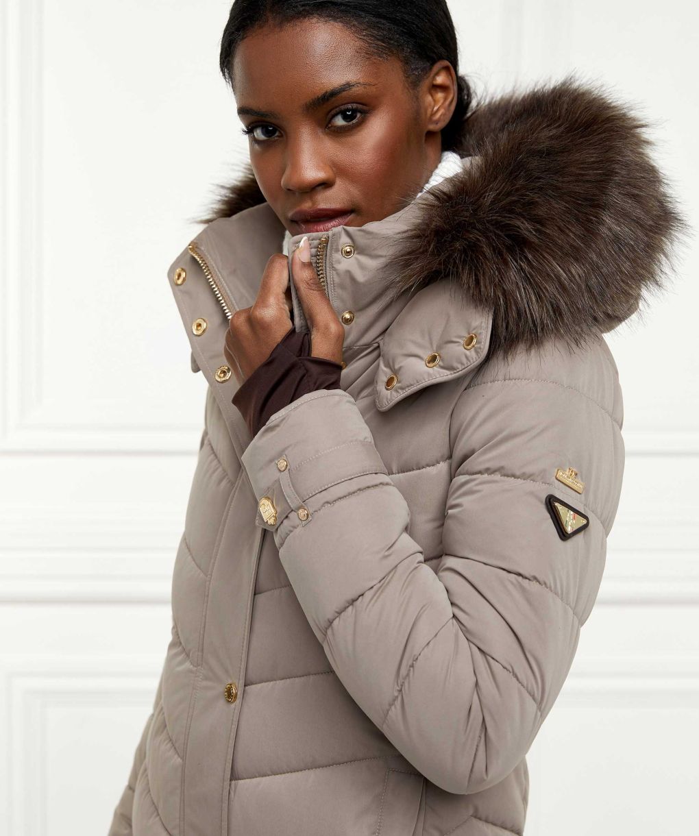 ガウンコート Amiur wave design short coat Beige Long gray cashmere wool coat with fox trim | SKANDINAVIK FUR
