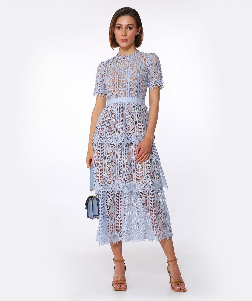 Self-Portrait Blue Tiered Guipure Lace Maxi Dress | Jules B