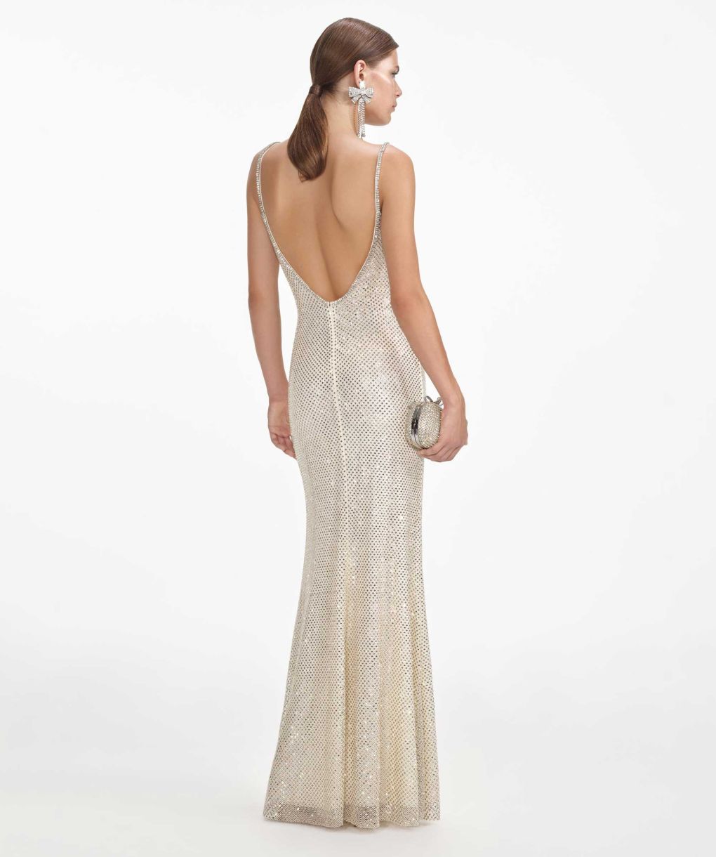 tan rhinestone off shoulder fishnet maxi dress Self-Portrait