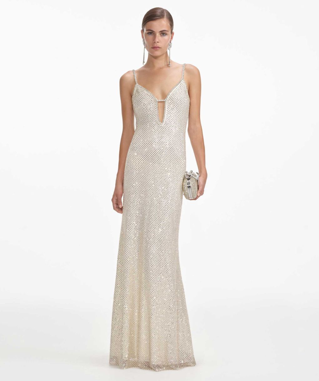 Self-Portrait Cream Square Rhinestone Fishnet Maxi Dress