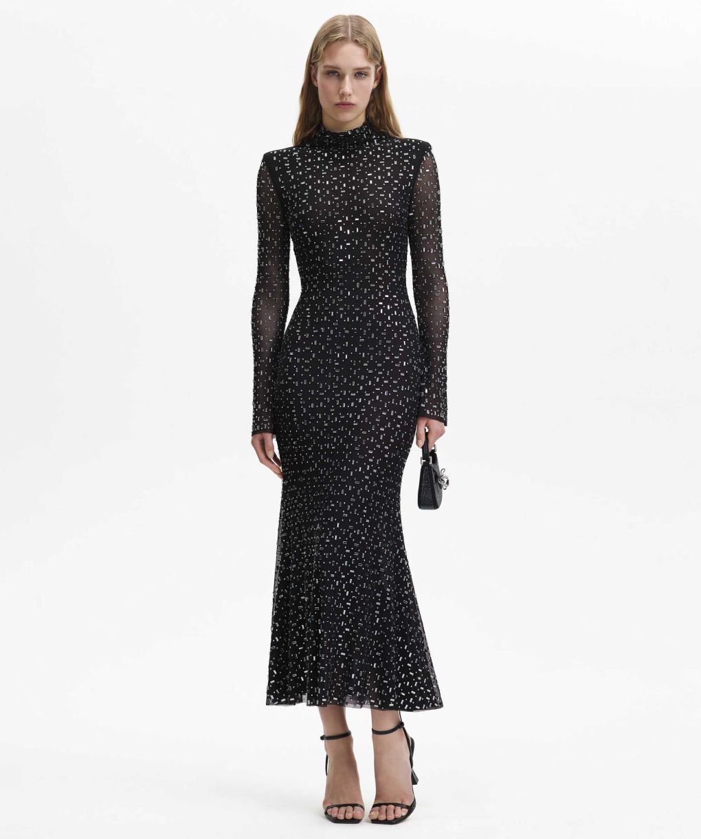 brown square rhinestone mesh midi dress Self-Portrait Black Square Rhinestone Mesh Midi Dress