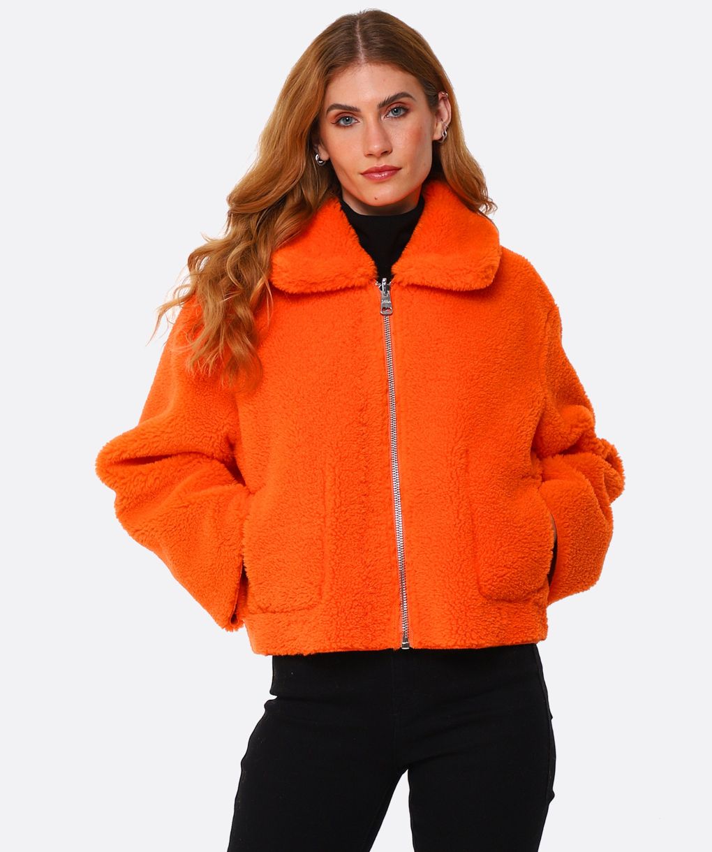 Jakke Orange Vera Faux Shearling Aviator Jacket | Jules B