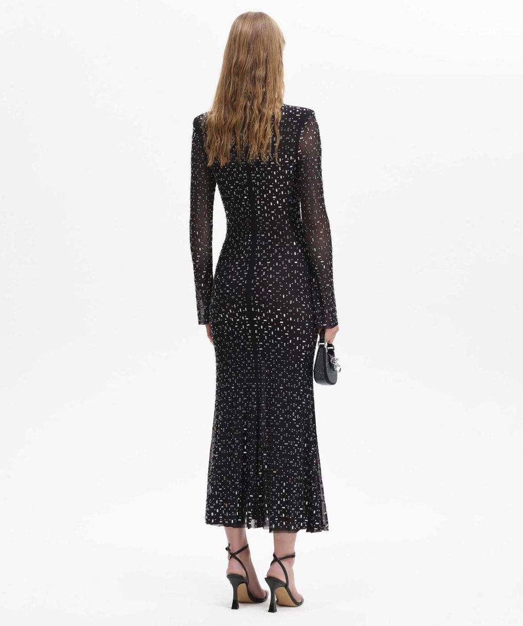brown square rhinestone mesh midi dress Brown Rhinestone Mesh Maxi Dress  self-portrait-US