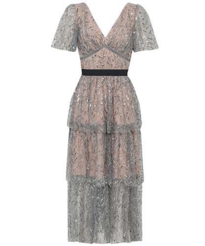 knee length dresses for ladies Self-Portrait Silver Rhinestone Mesh Midi Dress