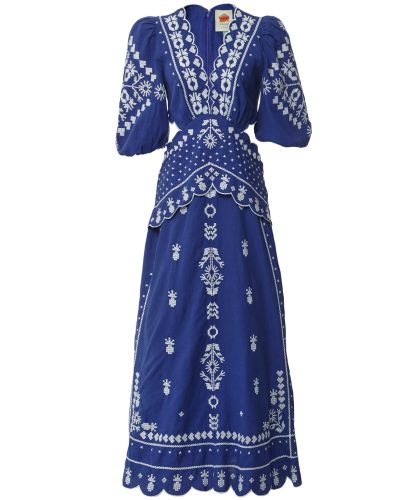 tadashi shoji embroidered illusion dress Farm Rio Light Blue Embroidery Short Sleeve Midi Dress Light Blue / M