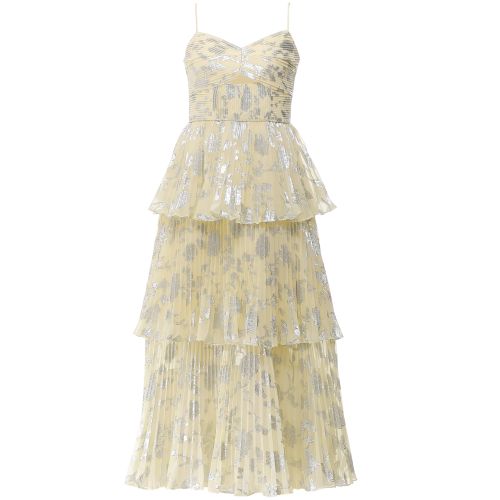 self portrait metallic jacquard maxi dress Self-Portrait Yellow Metallic Jacquard Tiered Midi Dress