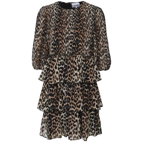 Ganni Brown Pleated Leopard Print Georgette Mini Dress | Jules B