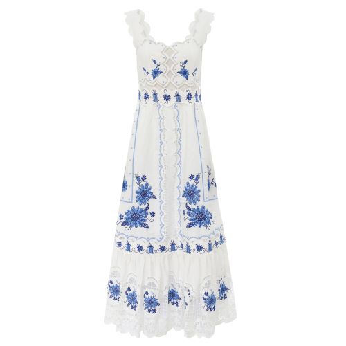 Farm Rio Cross Stitch Richelieu Sunflower Midi Dress Farm Rio Cross Stitch Richelieu Sunflower Midi Dress