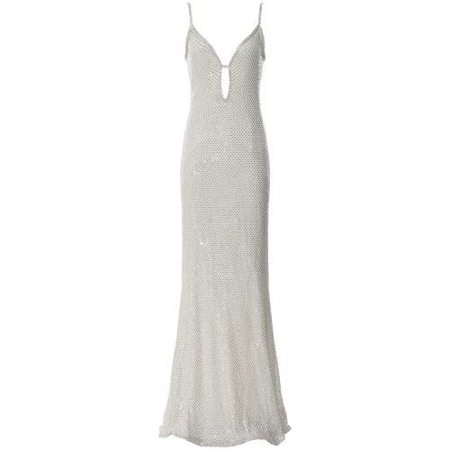 Self-Portrait Cream Square Rhinestone Fishnet Maxi Dress