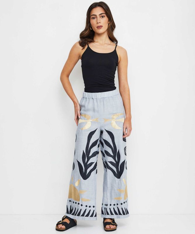 Greek Archaic Kori Embroidered Linen Pants