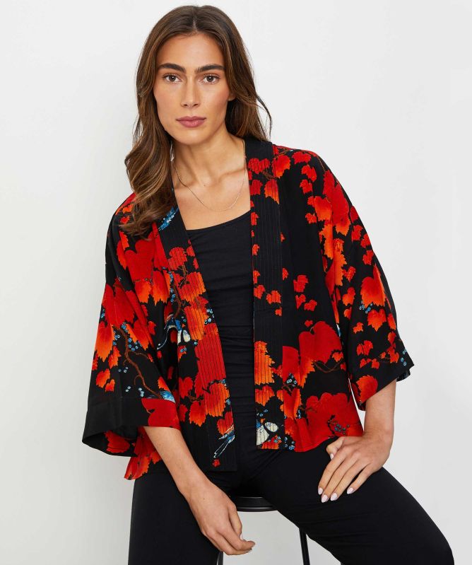 One Hundred Stars Acer Black Crepe Kimono