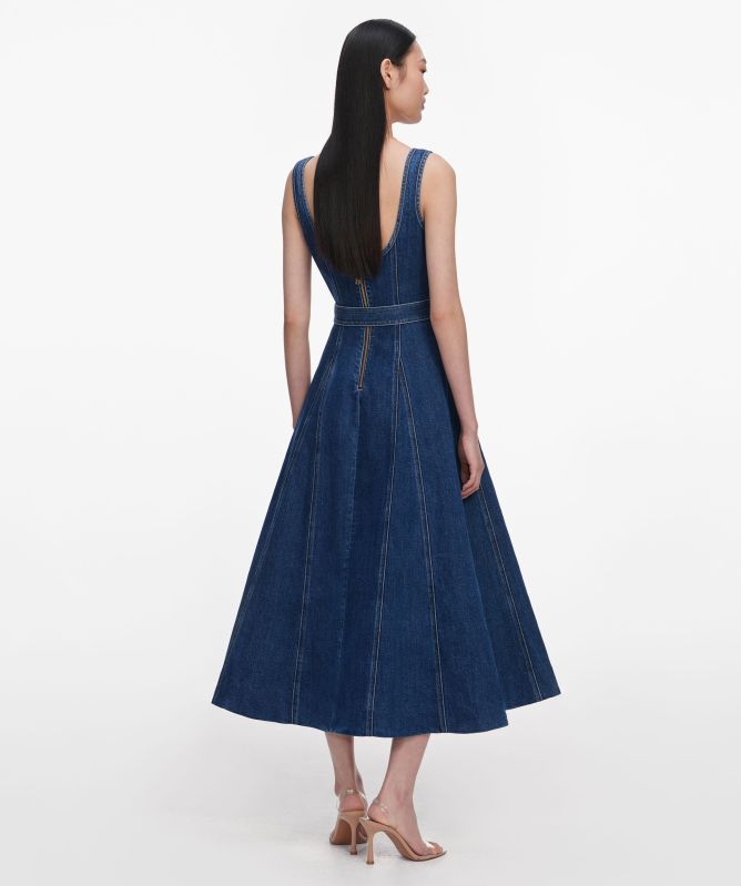 Self-Portrait Denim Flared Belted Midi Dress