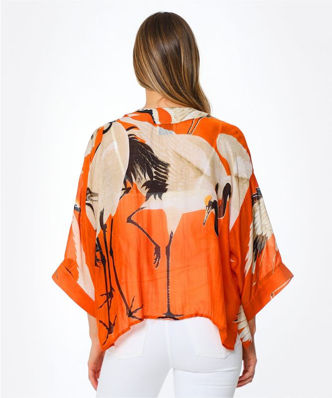 Stork Print Short Kimono Red main image 1
