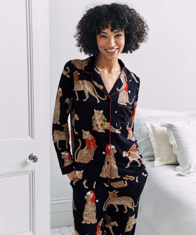 Chelsea Peers Christmas Leopard Print Long Pyjamas