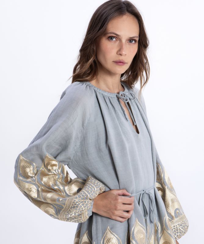Greek Archaic Kori Phoenix Embroidered Mini Dress