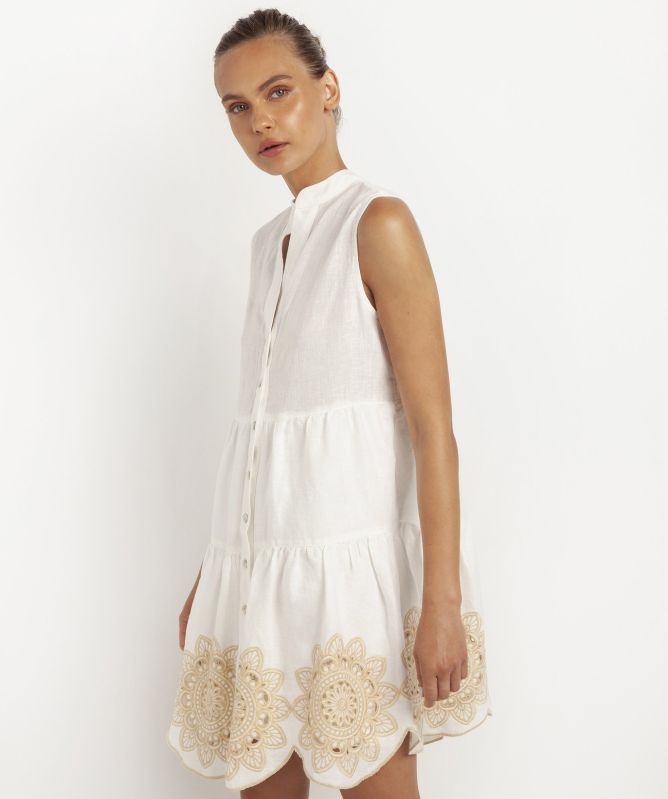 Greek Archaic Kori Linen Embroidered Daisy Sleeveless Dress