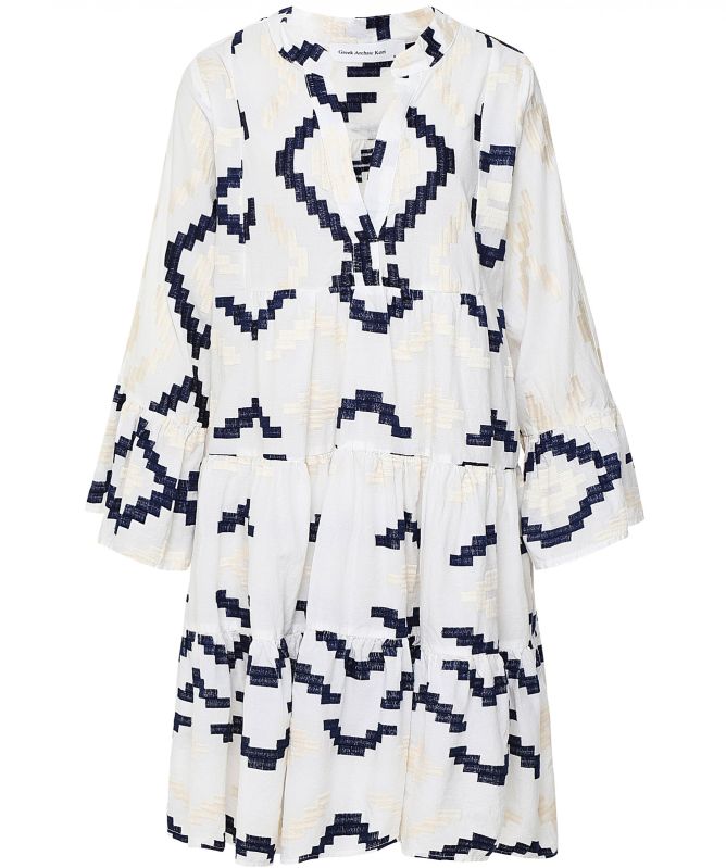 Greek Archaic Kori Rhombus Embroidered Linen Swing Dress