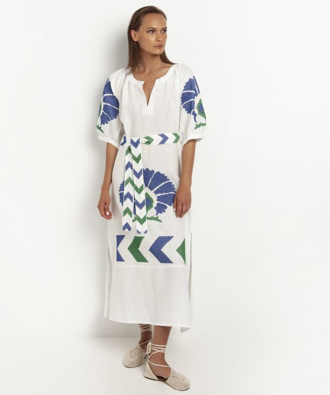 sachin and babi light blue dress Greek Archaic Kori Linen Peacock Maxi Dress