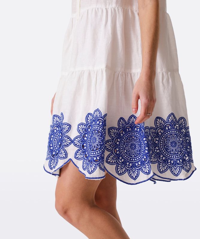 Greek Archaic Kori Linen Embroidered Daisy Sleeveless Dress
