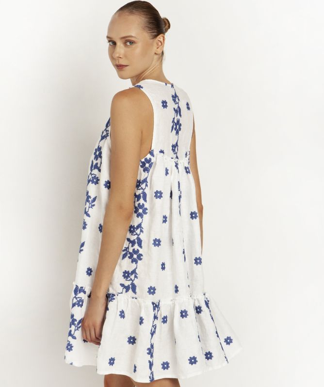 Greek Archaic Kori Linen Daisy Embroidered Mini Dress