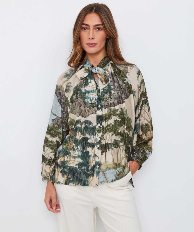 One Hundred Stars Rivers and Trees Pussy Bow Blouse