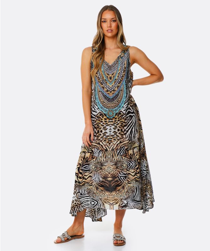 Inoa Exuma Blue Silk FRILL NECK DRESS with Crystals main image 1