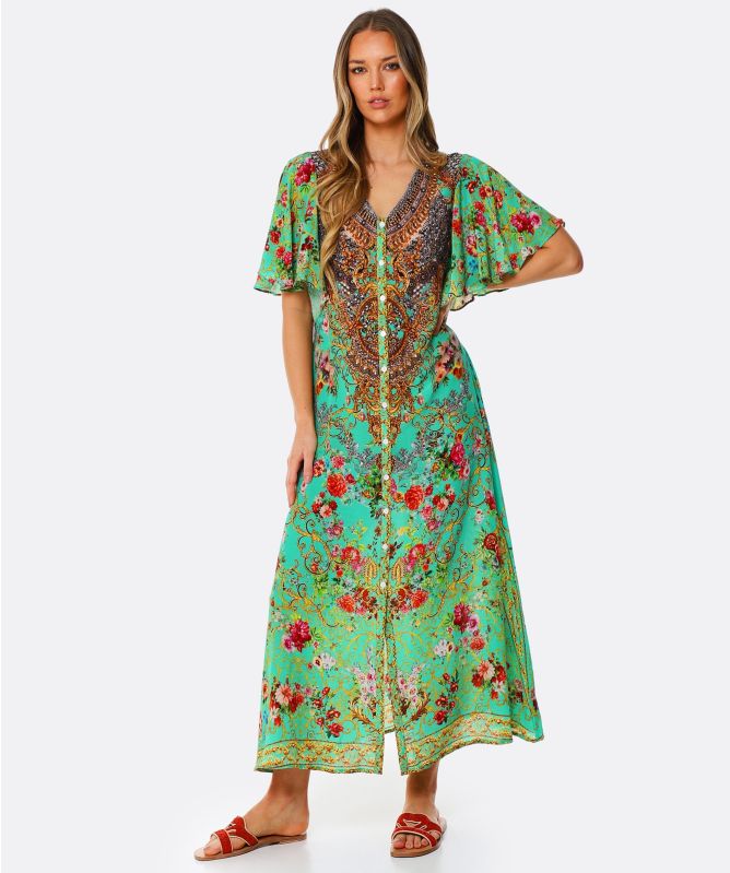 Inoa Green Chartreuse Silk Frill Sleeve Maxi Dress | Jules B