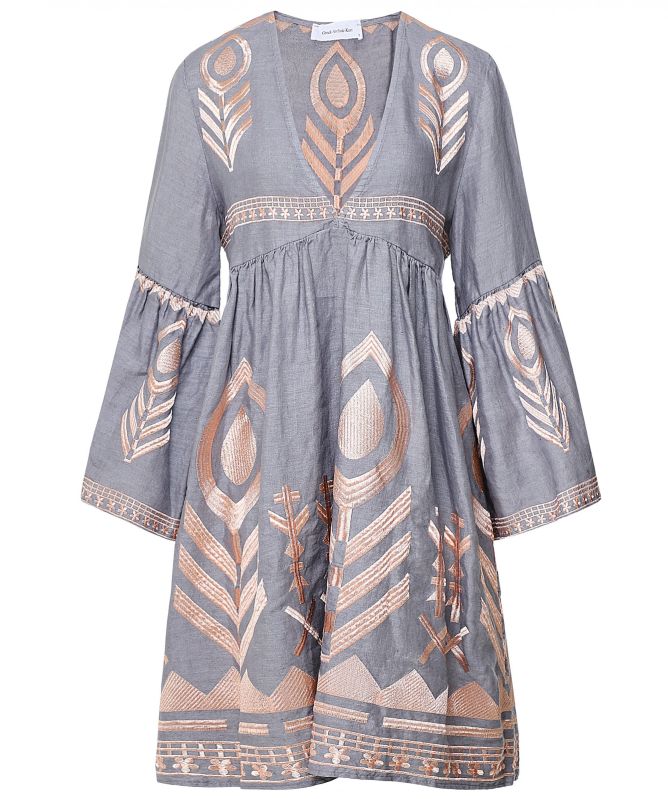 Greek Archaic Kori Linen Embroidered V-Neck Dress