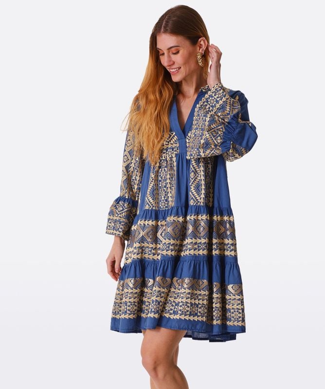Greek Archaic Kori Linen Embroidered Mini Dress