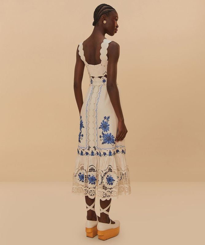 FARM Rio Cross Stitch Richelieu Sunflower Midi Dress