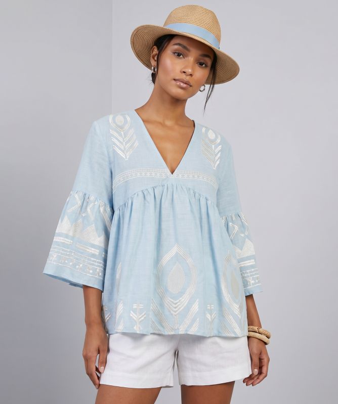 Greek Archaic Kori Feather Embroidered Top